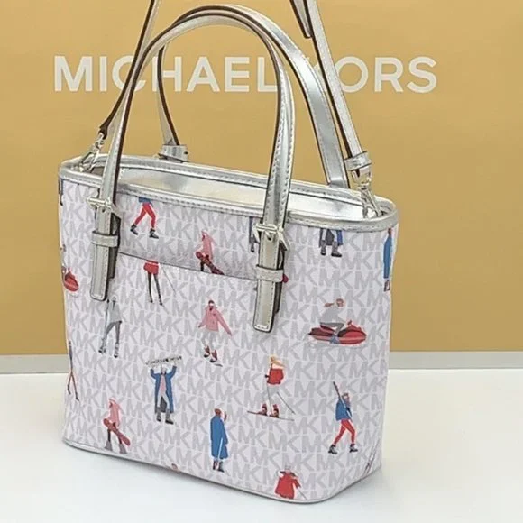 Michael Kors Jet Set Girls Print White Signature XS Carryall Top Zip Tote